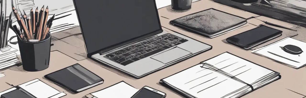 Imagem representando as tendências do mercado de seguros para 2024 com um laptop, documentos e elementos de corretagem em um ambiente de escritório.