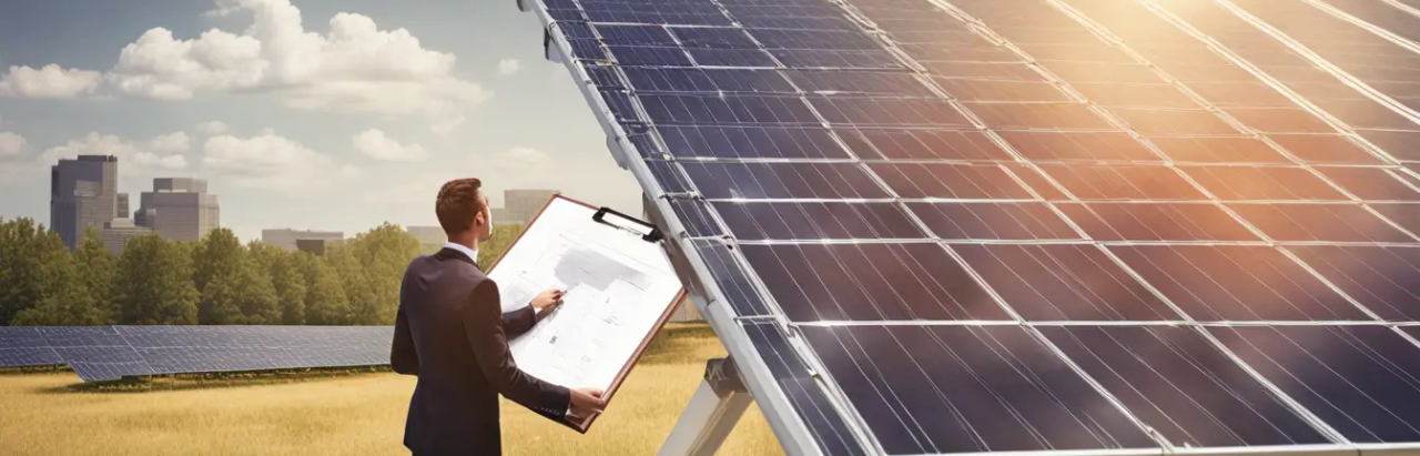 Imagem de um profissional de contabilidade examinando um grande campo de painéis solares com um edifício de empresa de energia solar ao fundo.
