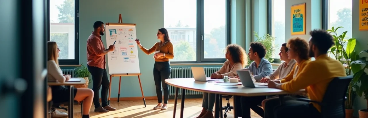 Treinamento de equipe em escritório moderno, com facilitador e membros diversificados colaborando.
