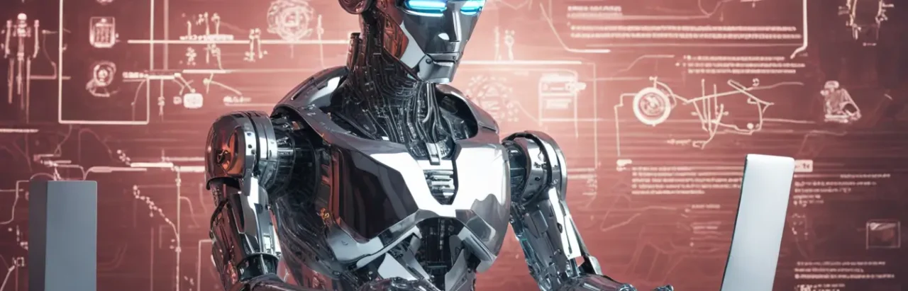 Robô prateado em escritório inovador manipulando hologramas de tributação para empresas, simbolizando automação e tecnologia.