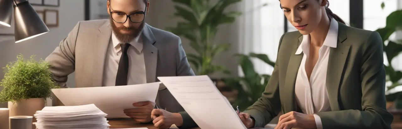 Homem e mulher profissionais discutindo documentos para abrir uma empresa, com laptop, xícara de café e planta verde ao redor. Ideal para quem quer começar um negócio sem dores de cabeça.