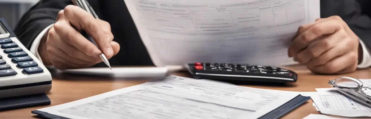 Corretor de seguros analisando documentos financeiros com calculadora em um escritório organizado, evidenciando a escolha de um contador eficiente.