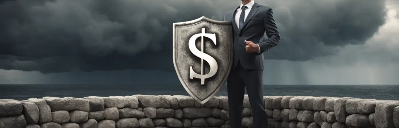 Empresário protegendo-se de riscos financeiros com um escudo com símbolo de dólar, em meio a uma tempestade, ilustrando a gestão de riscos financeiros.