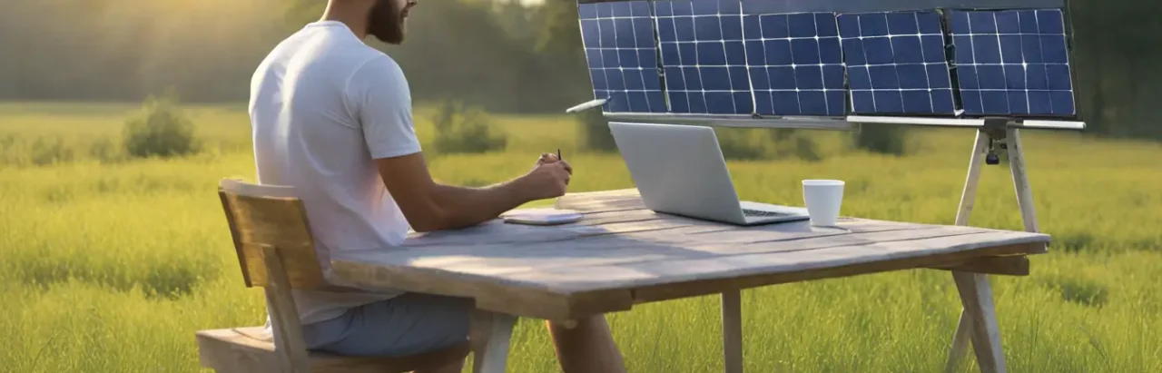 Empreendedor no setor de energia solar analisando gráficos ao lado de painéis solares em um campo verde, representando dicas essenciais para empreendedores.