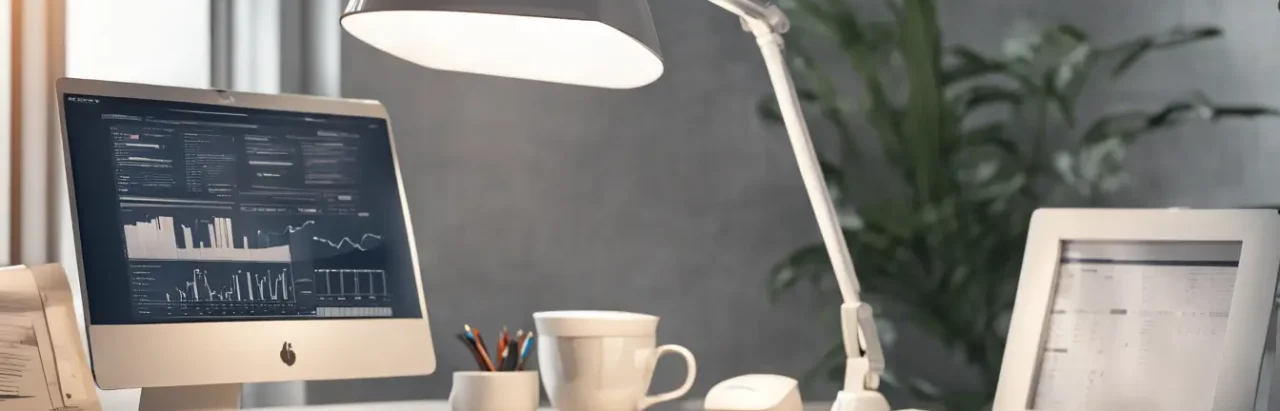 Escritório moderno com laptop mostrando gráficos, documentos de seguro, calculadora e caneta, iluminados por uma lâmpada de mesa branca.