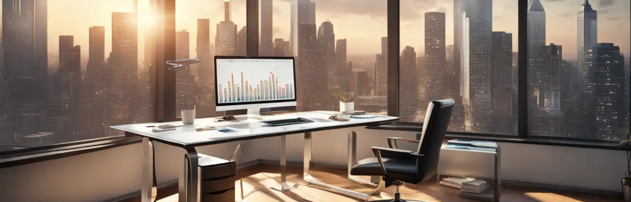 Escritório moderno com laptop exibindo gráficos financeiros, calculadora e dinheiro na mesa de vidro com vista panorâmica para a cidade - representação de inovação na gestão financeira.
